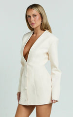 Ninette Mini Dress - V Neck Tulip Hem Blazer Dress in Cream