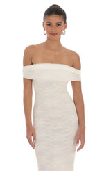 Off Shoulder Sheer Lace Maxi Dress in Cream