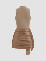 High Neck Ruched Knotted Mini Dress
