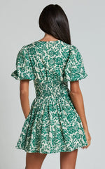 Nelli Mini Dress - Short Puff Sleeve Shirred Back Dress in Green Silhouette