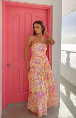 Sinclair Yellow Floral Print Strapless Maxi Dress
