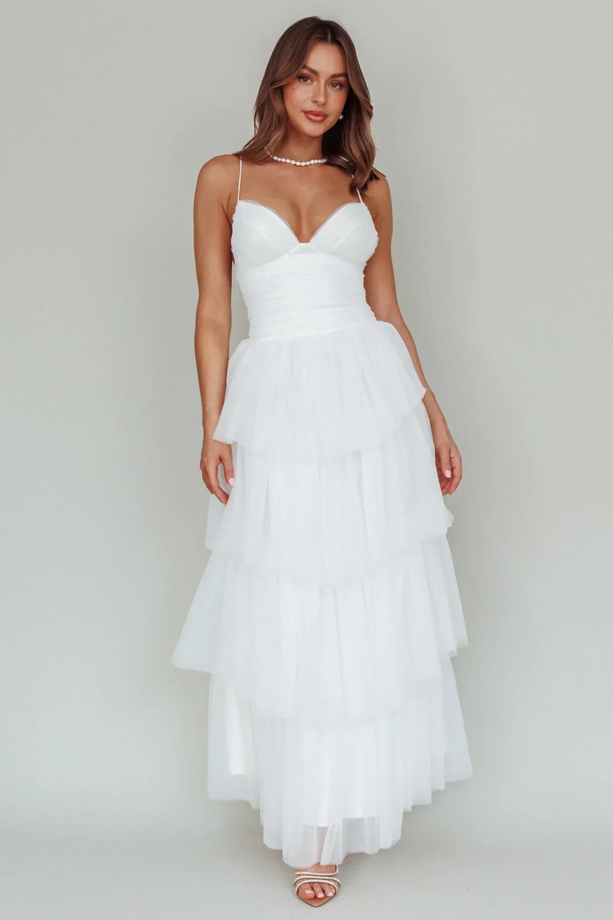 Nightingale Tiered Mesh Maxi Dress White
