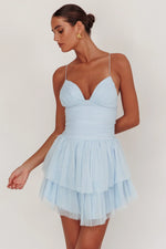 Nightingale Ruched Mesh Mini Dress Baby Blue