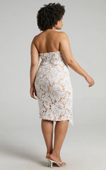 Lace To Lace Midi Dress - Strapless Bodycon Dress in White Lace
