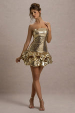 Mirabelle | Gold Sequin Bandeau Mini Dress With Puff Hem