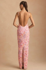 Embellished Scoop-Neck Backless Maxi Dress in Pink