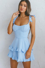 Moonlit Moment Ruffle Trim Piping Detail Lace-Up Back Dress Blue