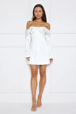 Delicacy Bow Satin Off Shoulder Mini Dress White