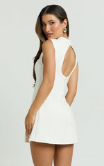Langley Mini Dress - Sleeveless High Neck Faux Wrap Tulip Dress in Cream