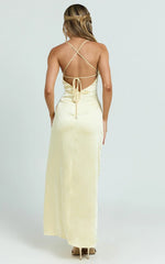 Heidi Maxi Dress - Satin Ruched Bust Tie Back Dress in Lemon