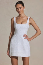 Embellished Structured A-Line Mini Dress in White