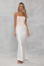 Love In Full Bloom Lace Satin Strapless Maxi Dress White