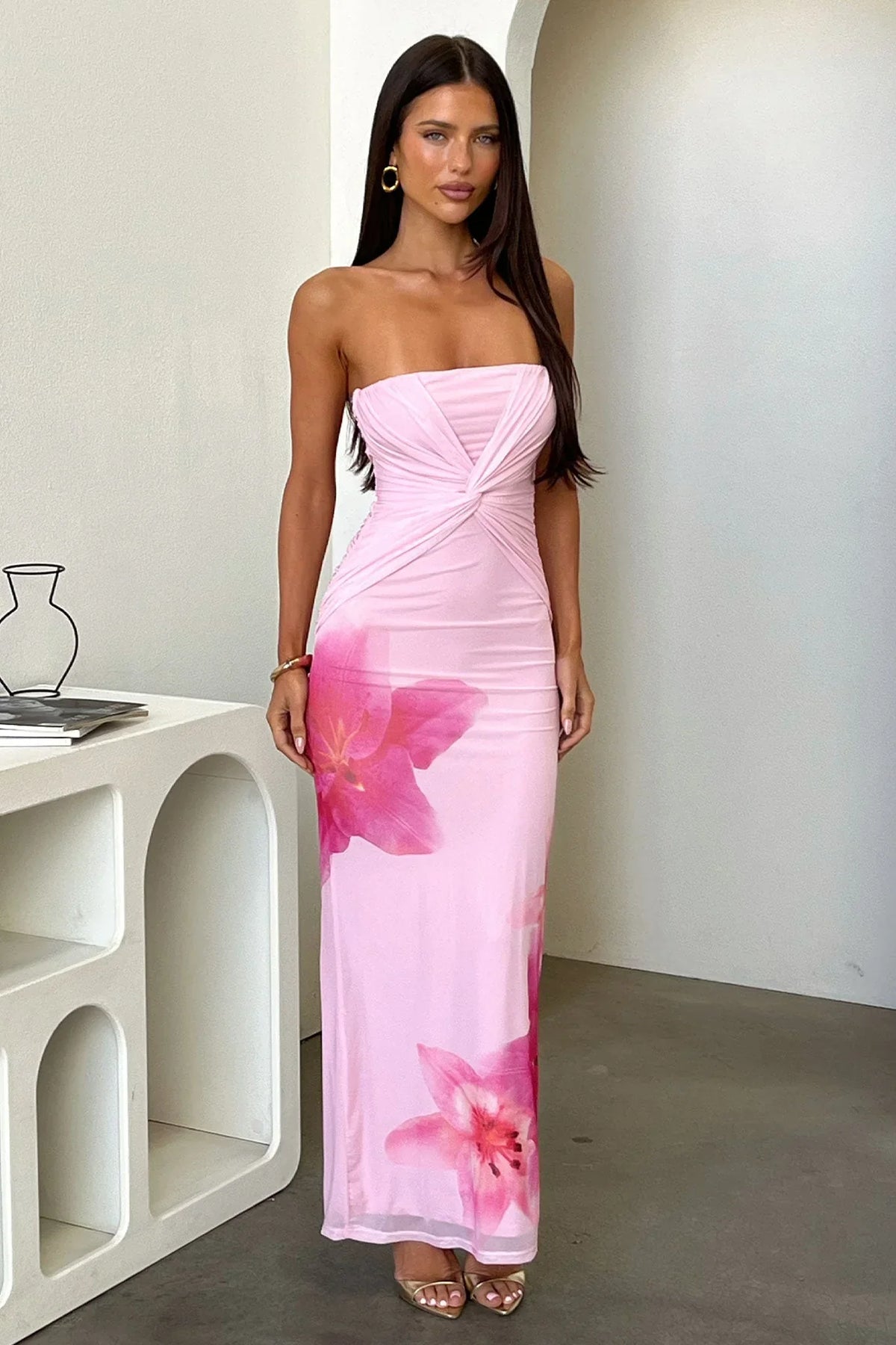 Lennen Strapless Mesh Maxi Dress - Pink