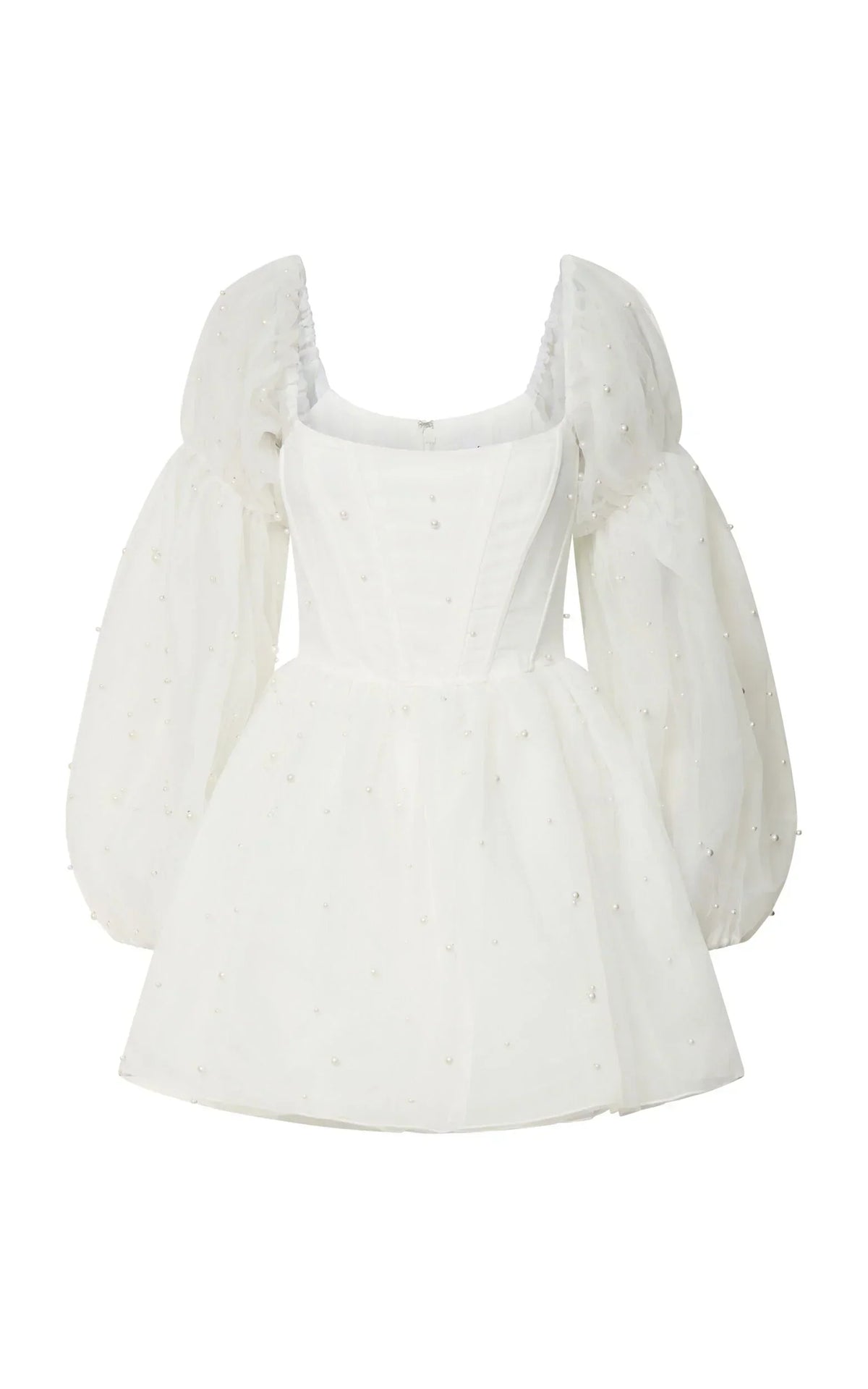 Ingrid Mini Dress - Long Puff Sleeve Pearl Detail Dress in White