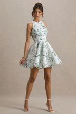 Waverly | Green Porcelain Print Racer-Neck Sleeveless Skater Mini Dress