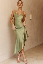 Morning Sun Cowl Neckline Asymmetrical Hem Midi Dress Olive