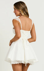 Adalee Mini Dress - Sleeveless Ruched Bodice Lace Trim Dress in Off White