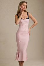 Layered Bra-Detail Fishtail Midaxi Dress in Pink Polka Dot