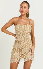 Ivy Mini Dress - Strappy Straight Neck Lace Detail Dress in Natural