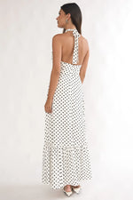 Romana High Neck Halter Maxi Dress Polka Dot White