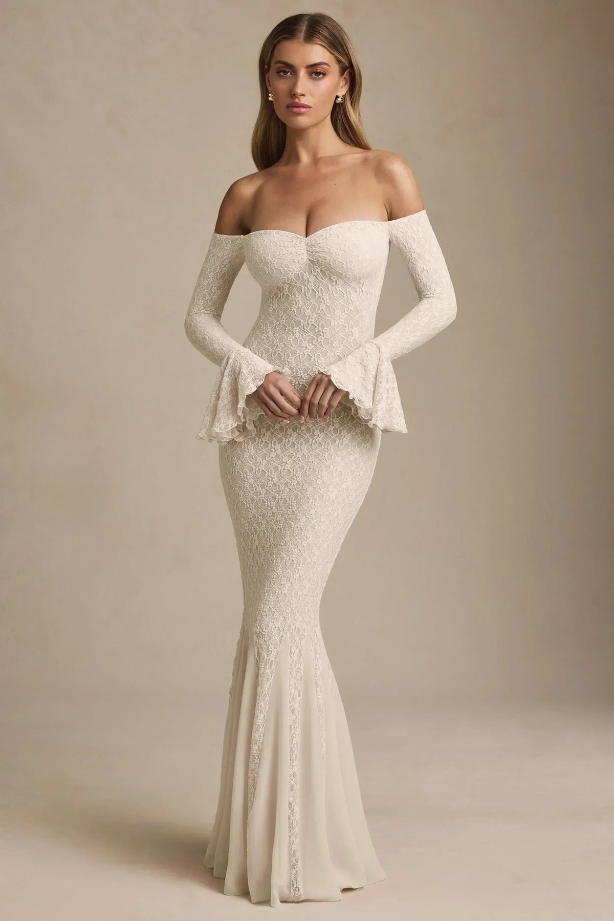 Off-Shoulder Ruffle Lace Maxi Dress in Ivory