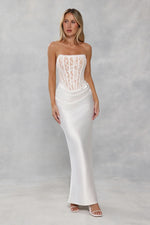 Love In Full Bloom Lace Satin Strapless Maxi Dress White