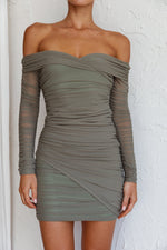 Moonrise Off-Shoulder Crossover Neckline Long Sleeve Ruched Dress Olive
