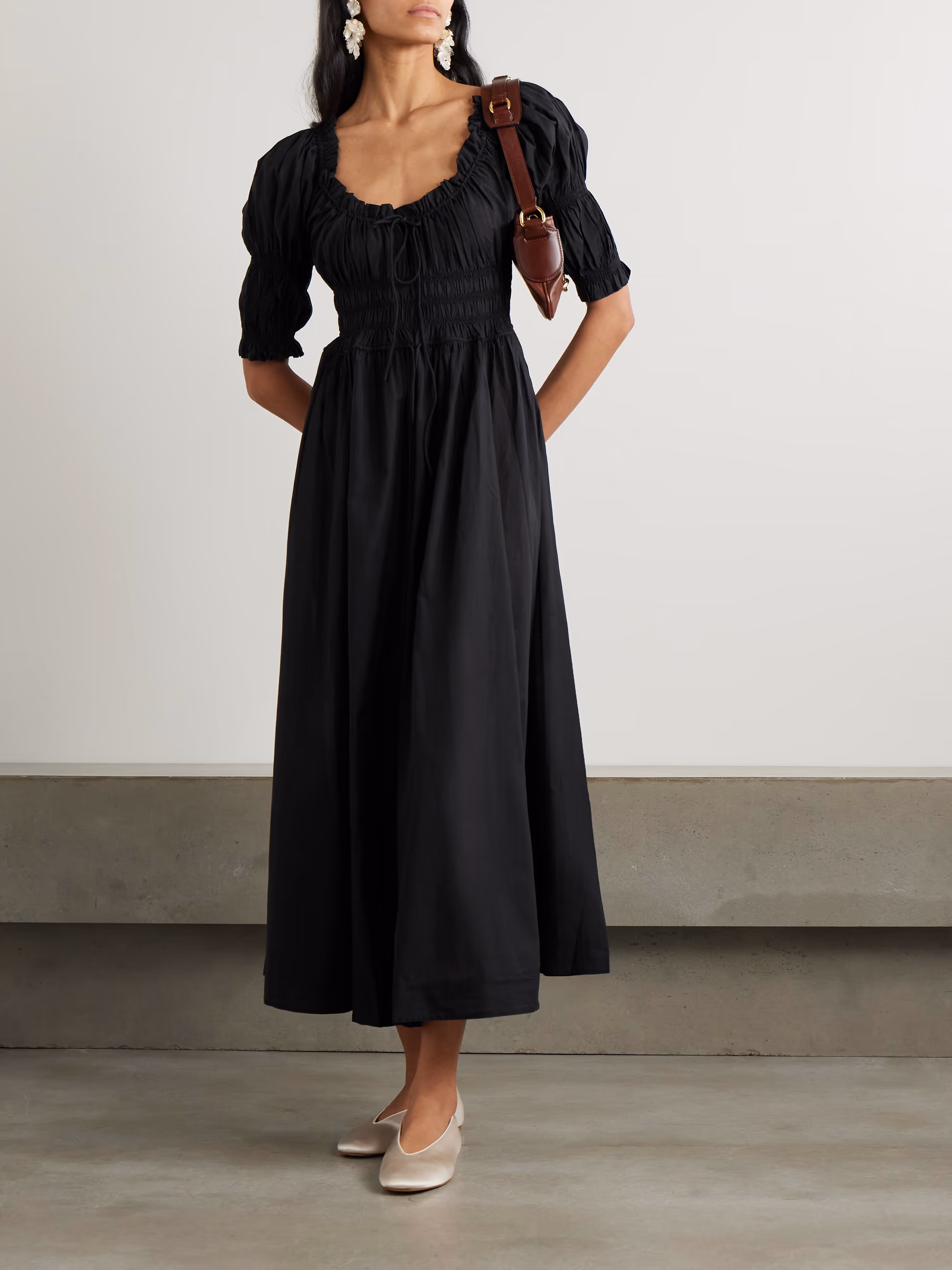 Ischia shirred organic cotton-voile midi dress