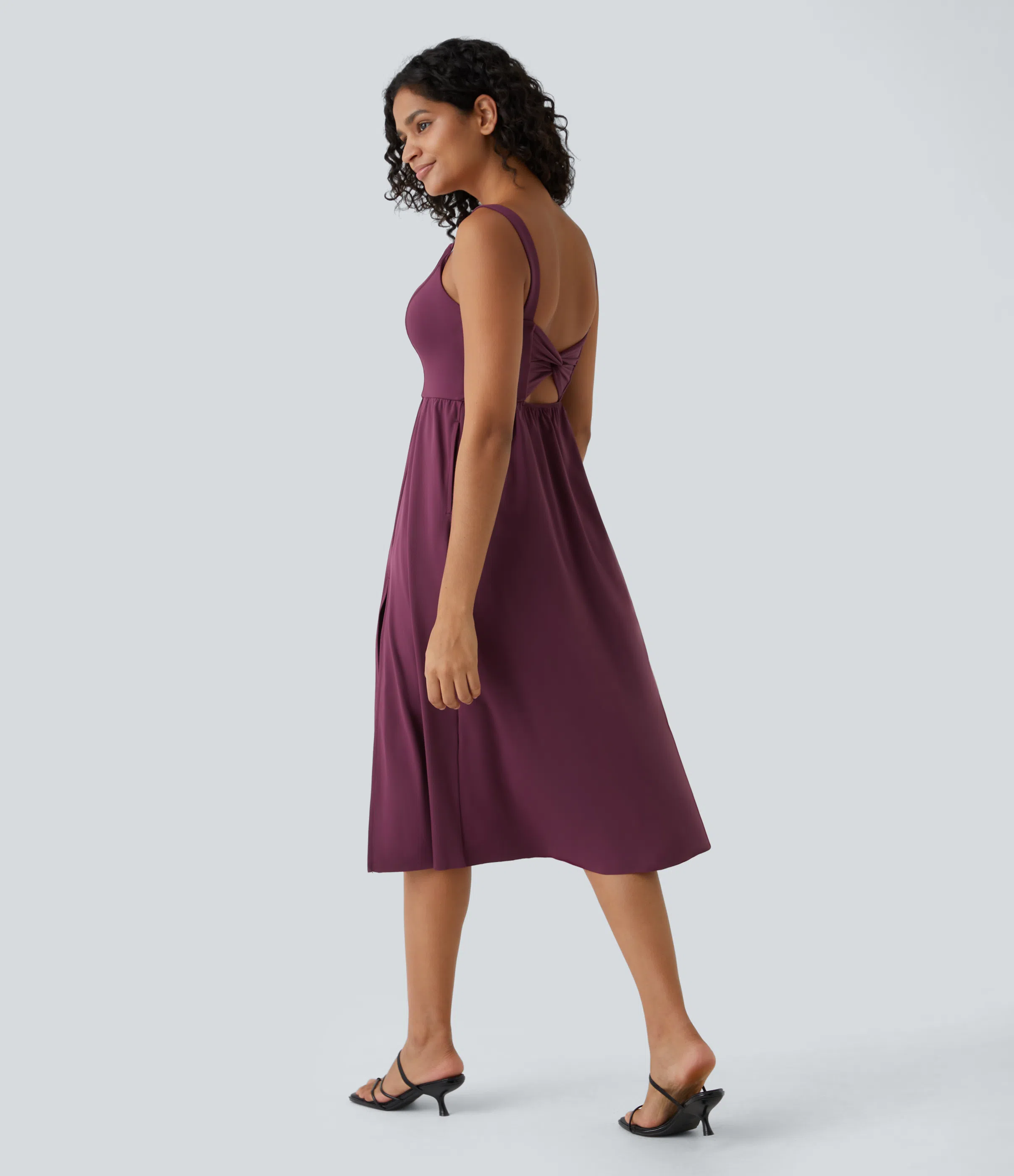 Padded Backless Twisted Split Midi Casual Dress