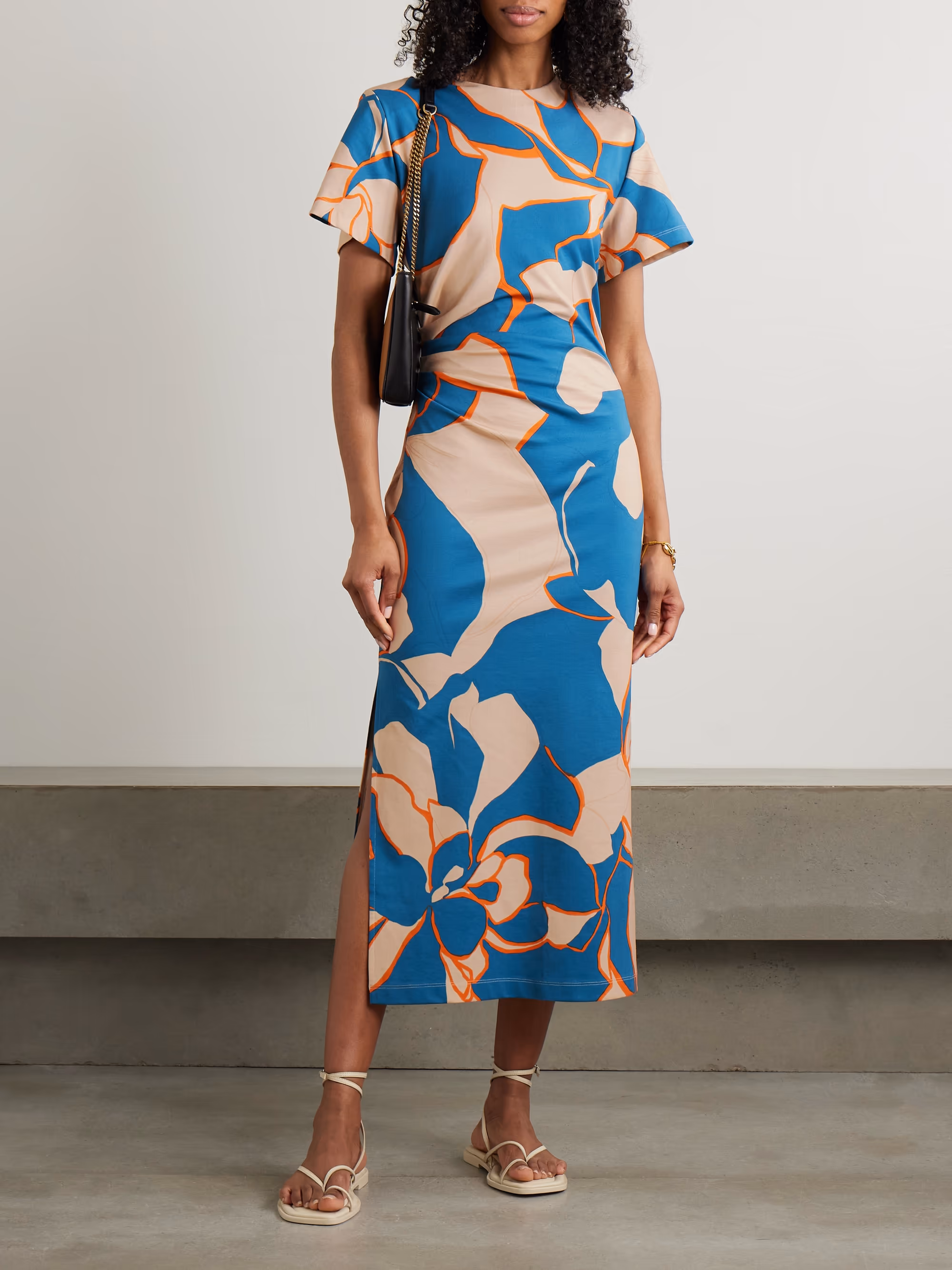 MOTHER Lela ruched printed cotton-blend jersey midi dress
