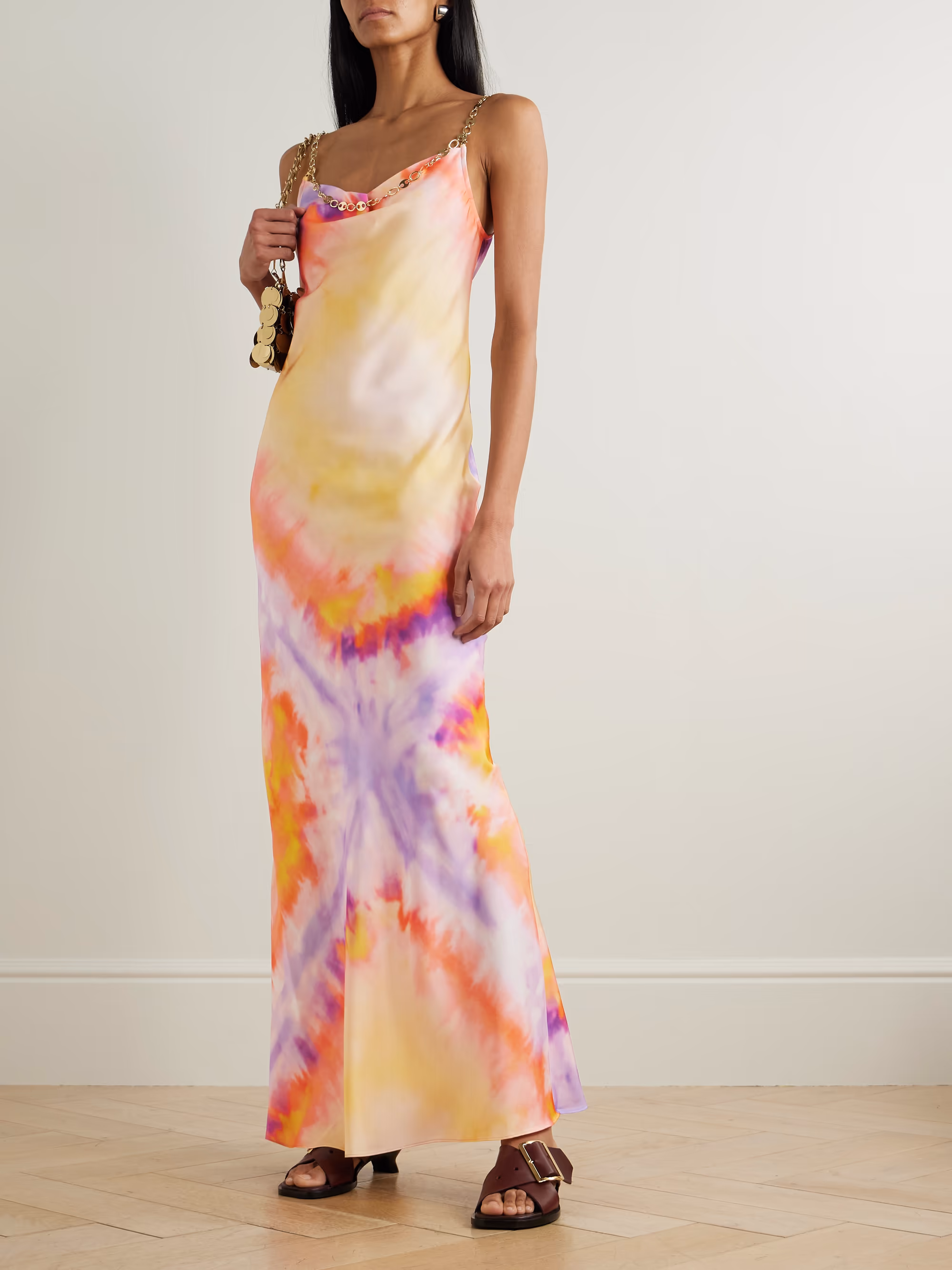 Chainmail-embellished tie-dyed satin maxi dress