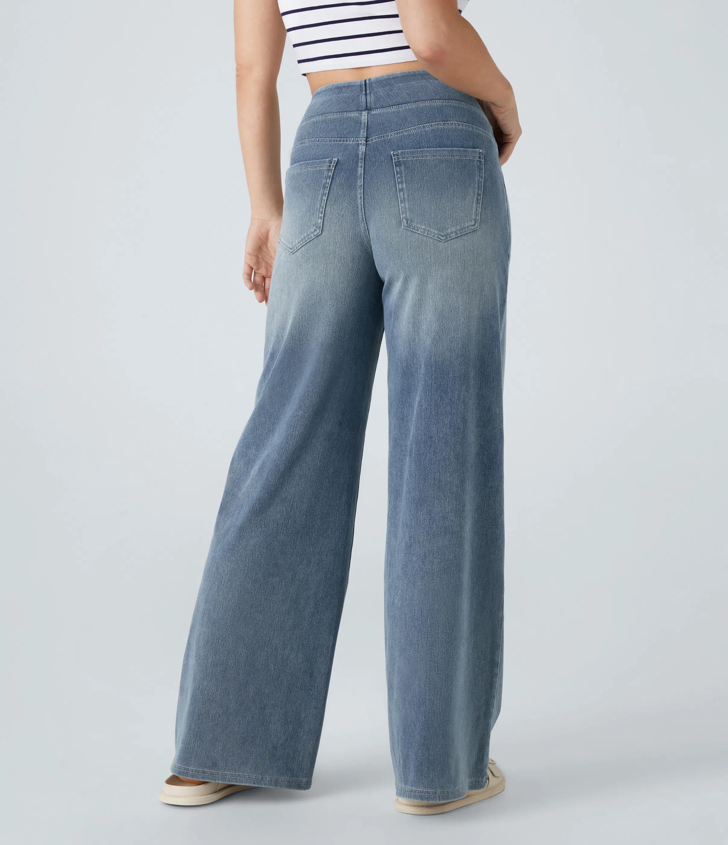 High Waisted Multiple Pockets Baggy Wide Leg Washed Stretchy Knit Casual Jeans