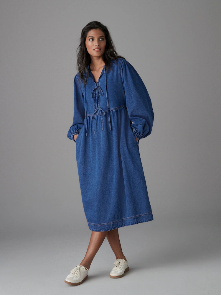 Mid Blue Tie Front Denim Midi Smock 100% Cotton Dress