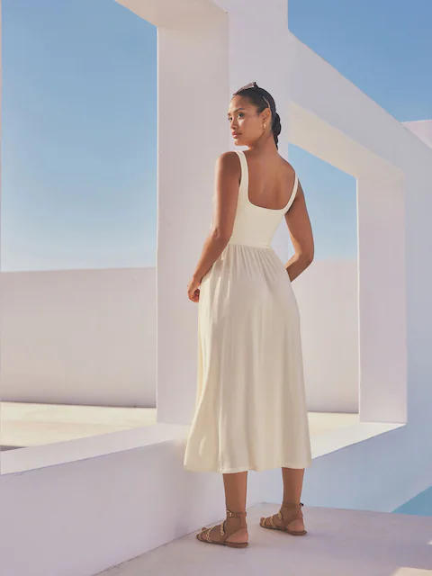 Cream Jersey Waisted Summer Dress
