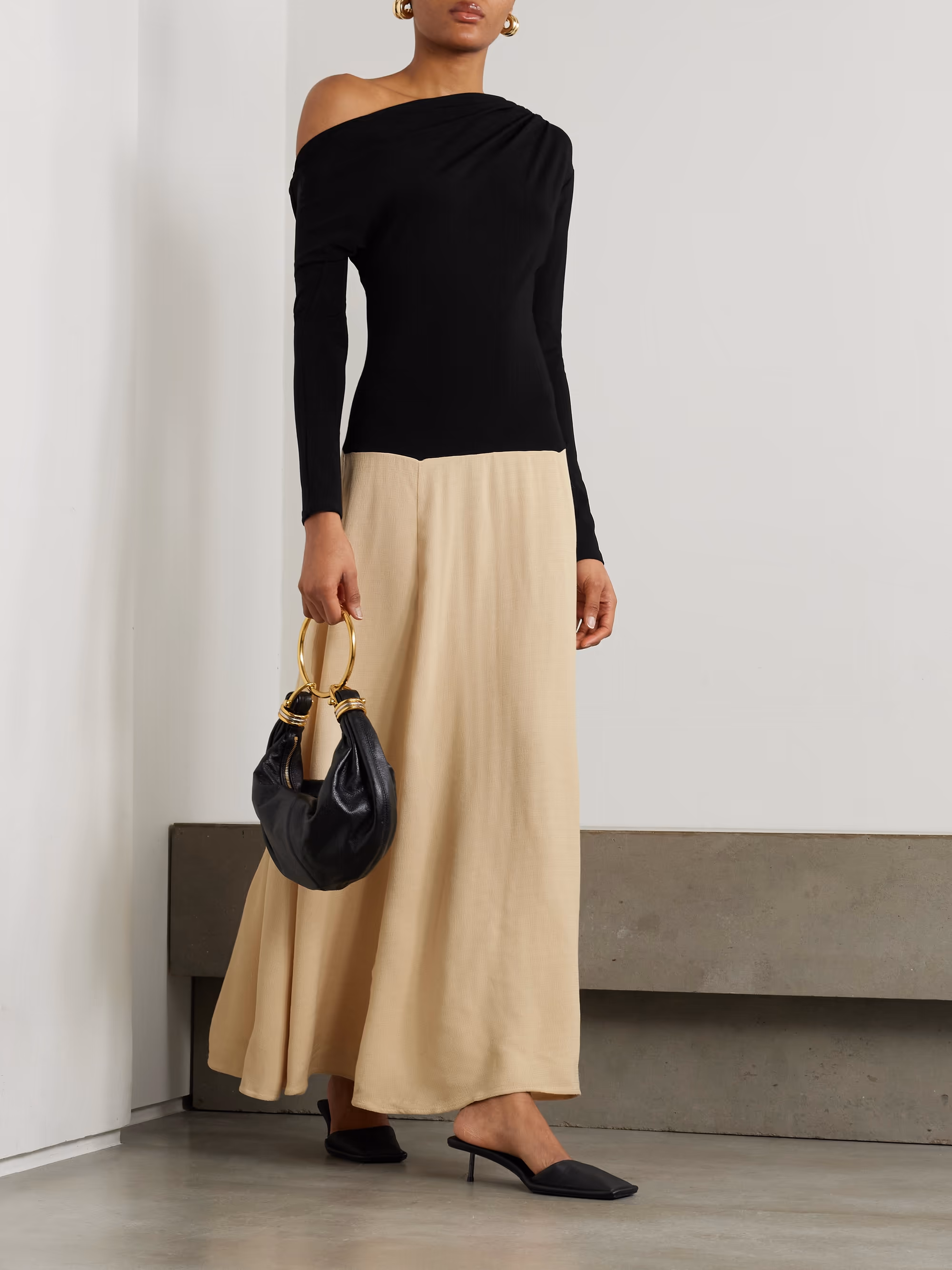 Dasha Duo asymmetric cutout stretch-knit and gauze maxi dress