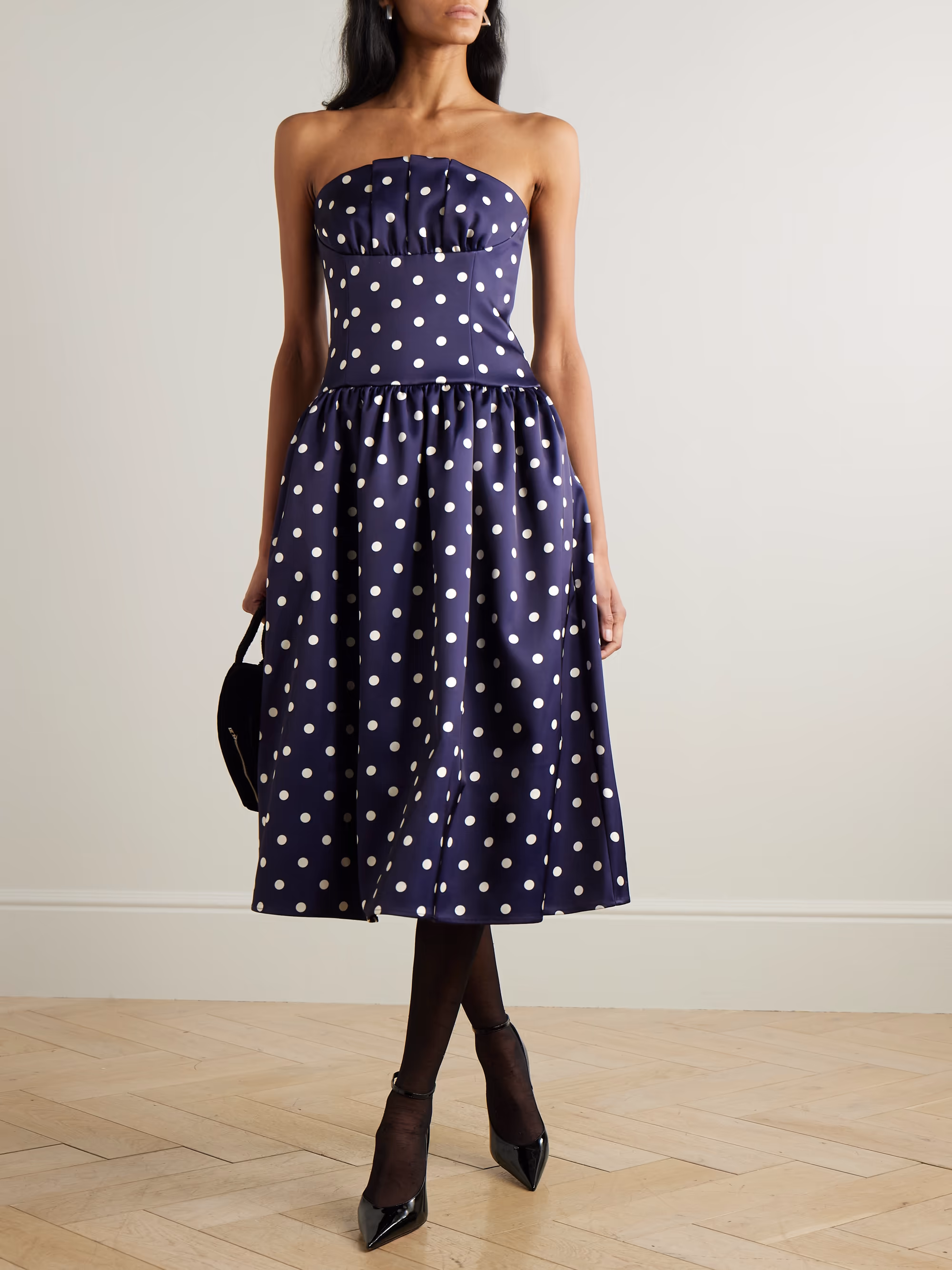 Strapless pleated polka-dot satin midi dress