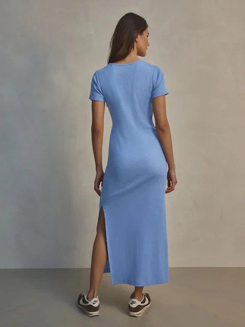 Sky Blue Ribbed T-Shirt Style Column Maxi Dress With Slit Detail