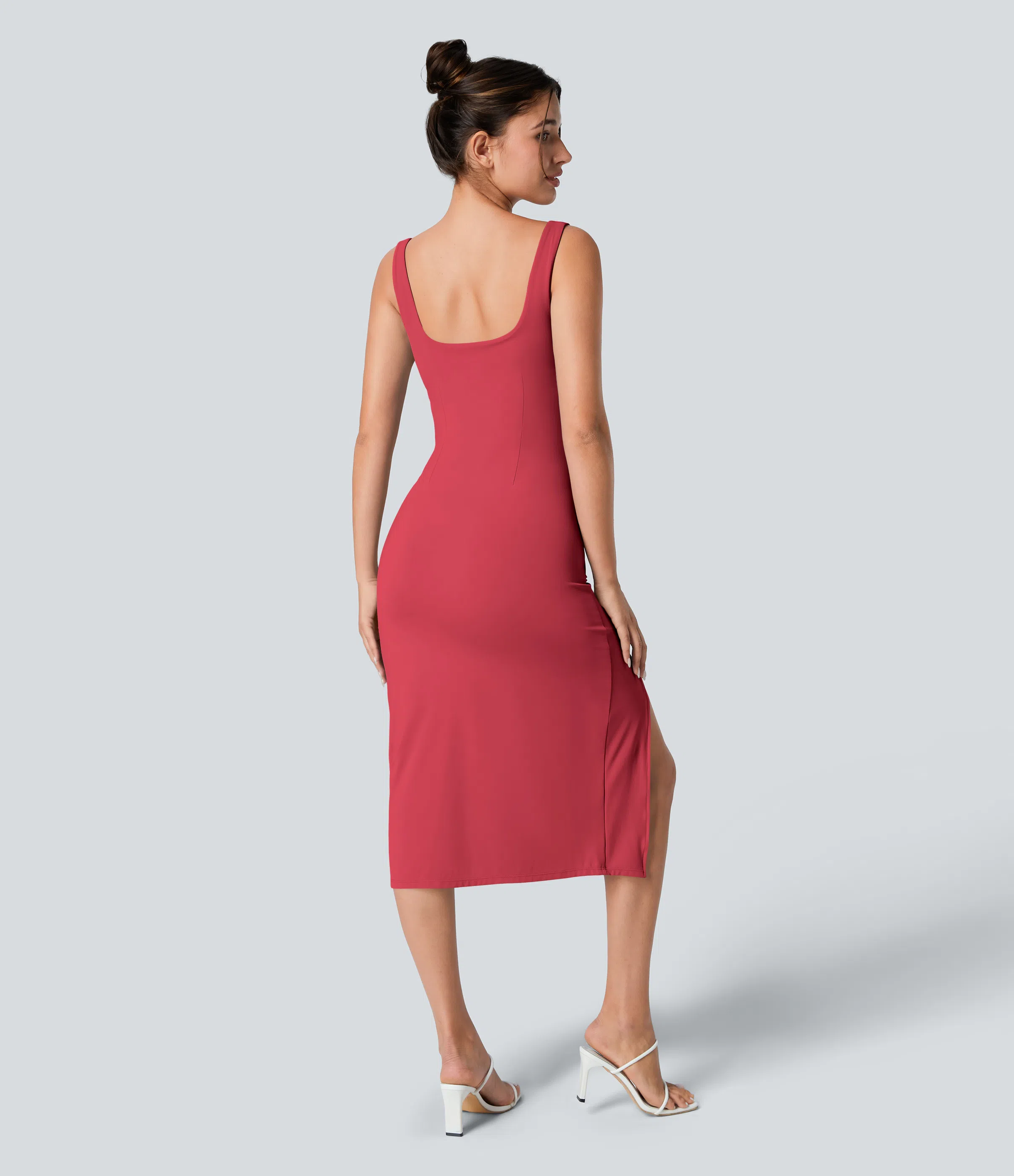 Square Neck Backless Corset Ruched Split Bodycon Midi Casual Dress