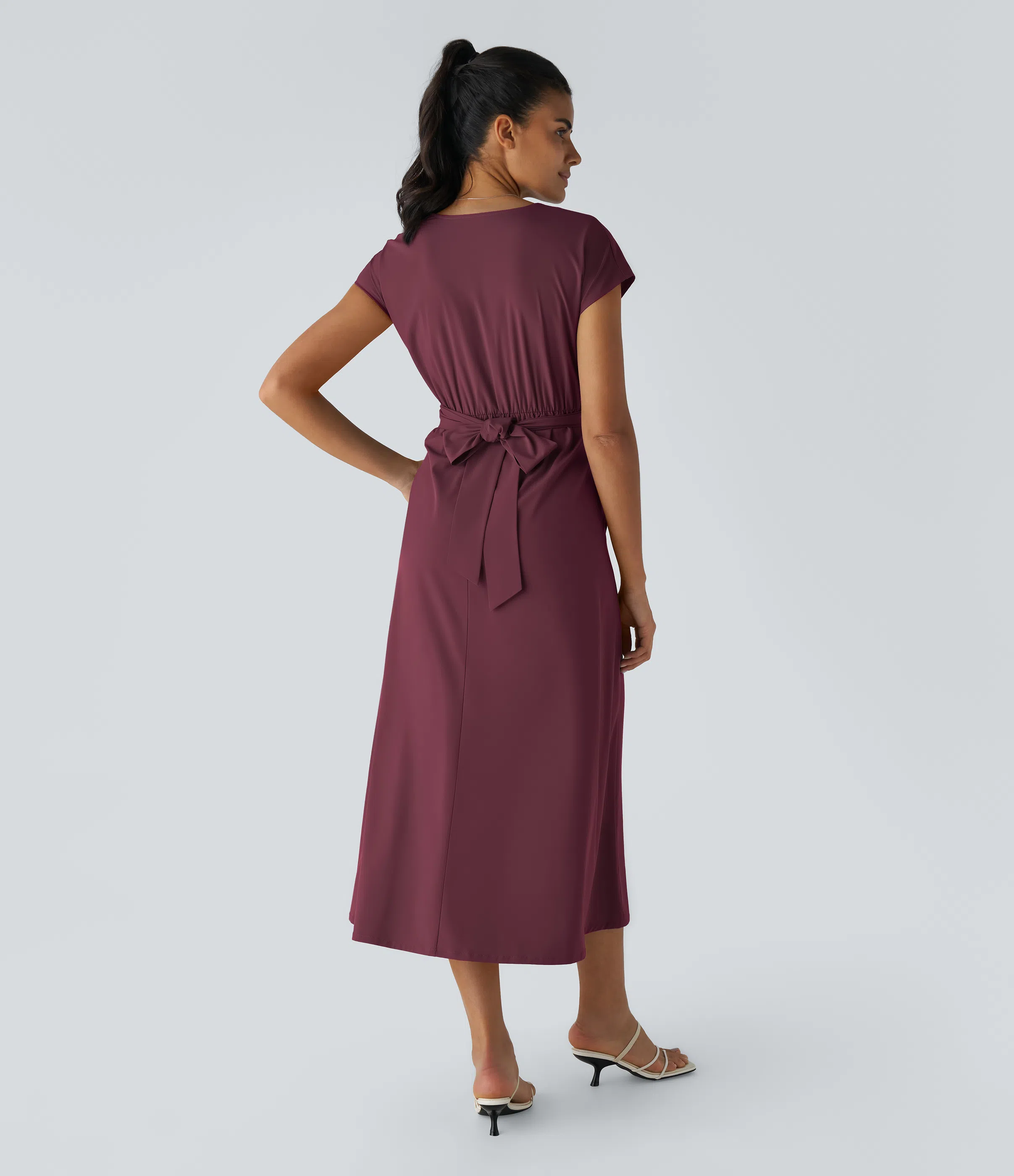 V Neck Short Sleeve Side Pocket Tie Back Quick Dry Midi Casual Dress