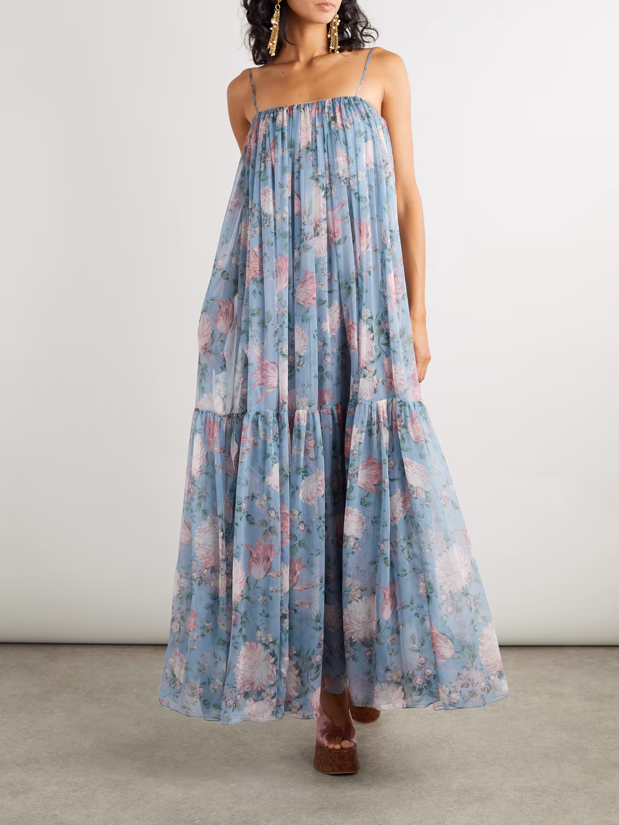 Gathered floral-print silk maxi dress