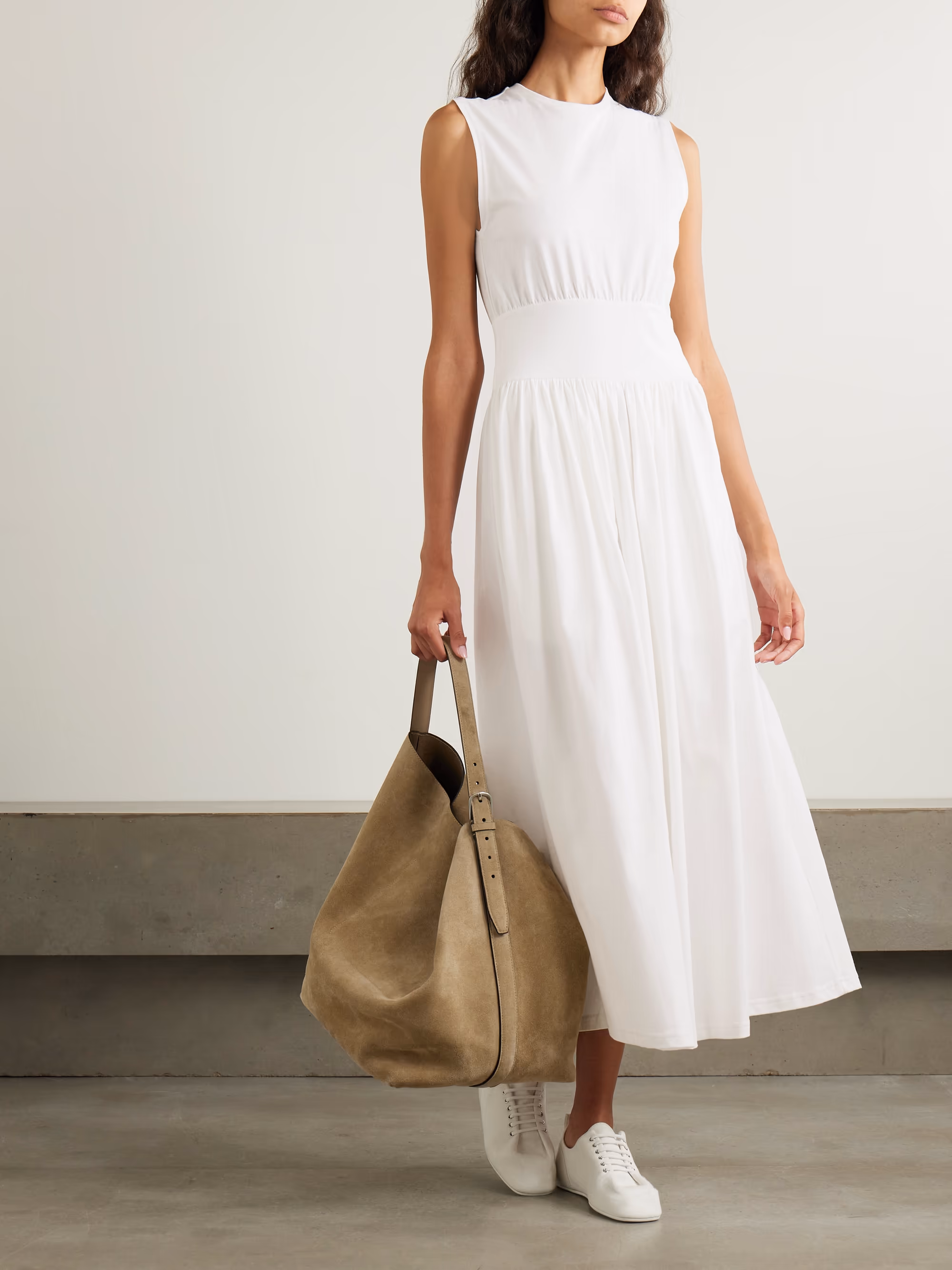 Pleated organic cotton-jersey midi dress