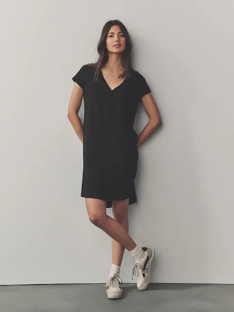 Black 100% Cotton Cap Sleeve V-Neck Mini Dress