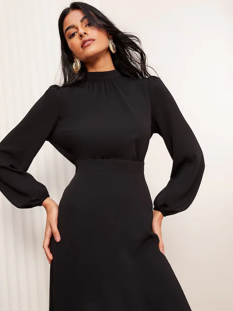 Friends Like These Black High Neck Long Sleeve Midi Dress with Bow Detailing