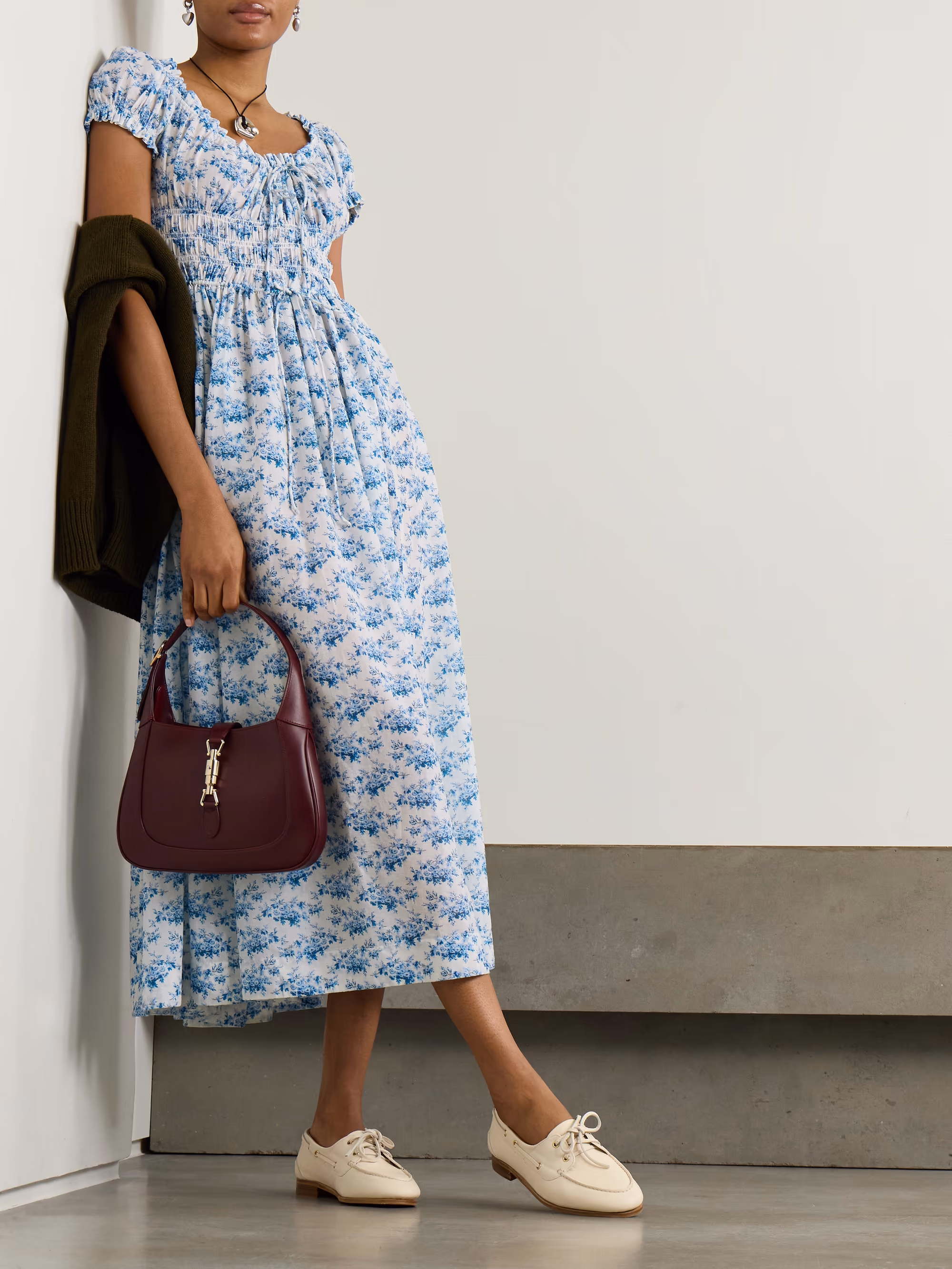 Ashlynn tie-detailed shirred floral-print organic cotton-voile midi dress