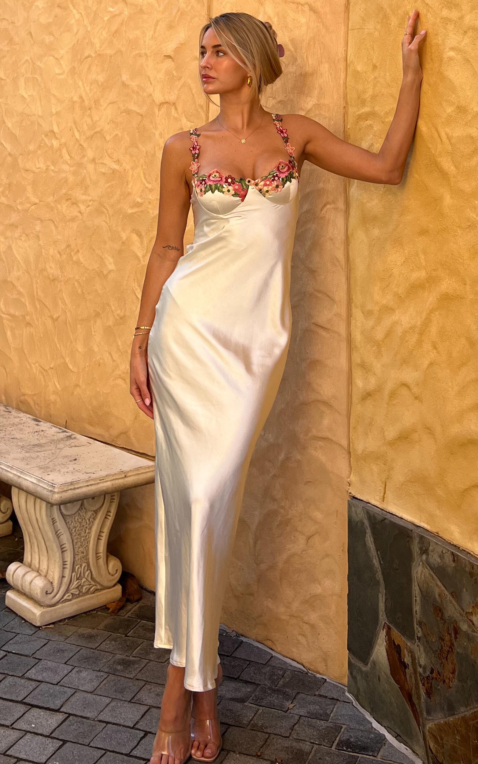 Harmony Midi Dress - Floral Detail Cup Bust Satin Dress in White