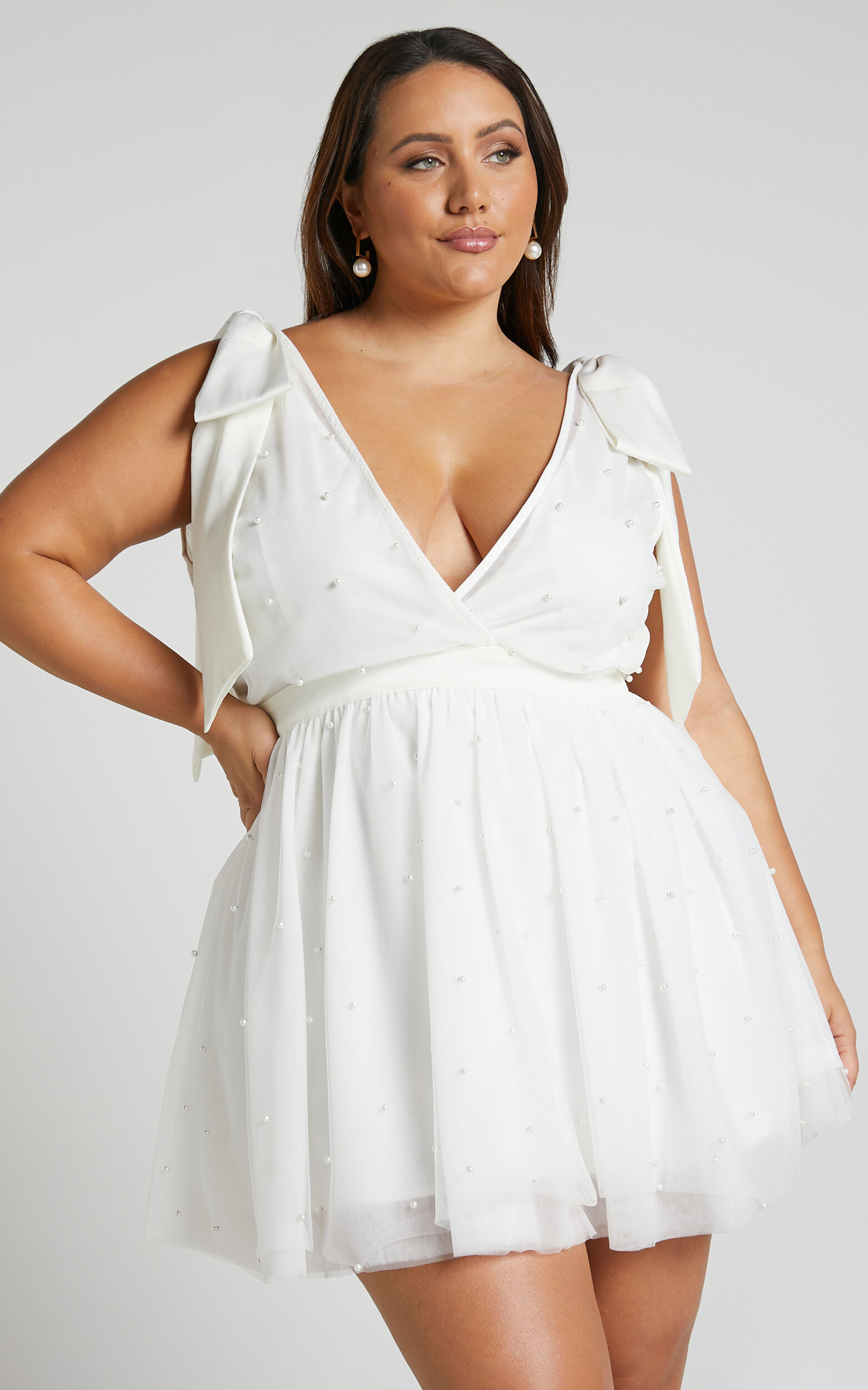 Karalyn Mini Dress - Bow Strap Plunge Pearl Detail Dress in White