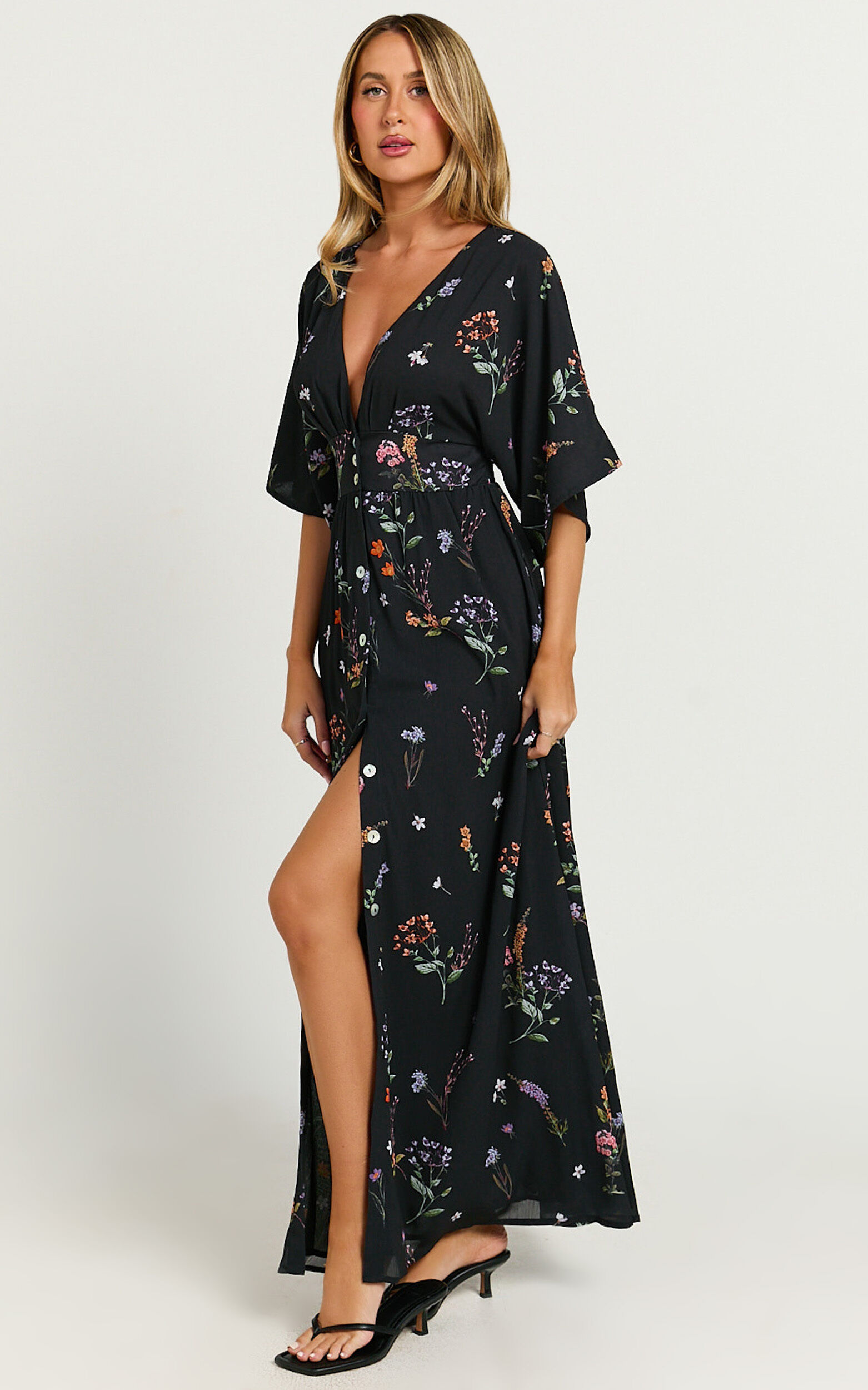 Inka Midi Dress - Short Sleeve Button Down Dress in Black Flower Field