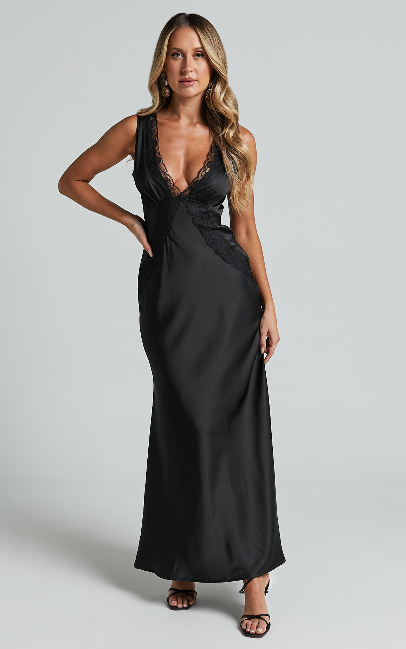 Chrissie Maxi Dress - Lace Detail Plunge Dress in Black