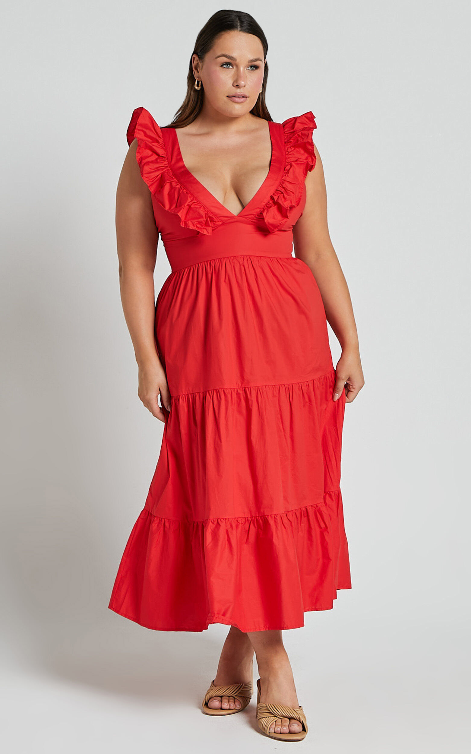 Levona Midi Dress - Ruffle Shoulder Tiered Dress in Cherry Tomato
