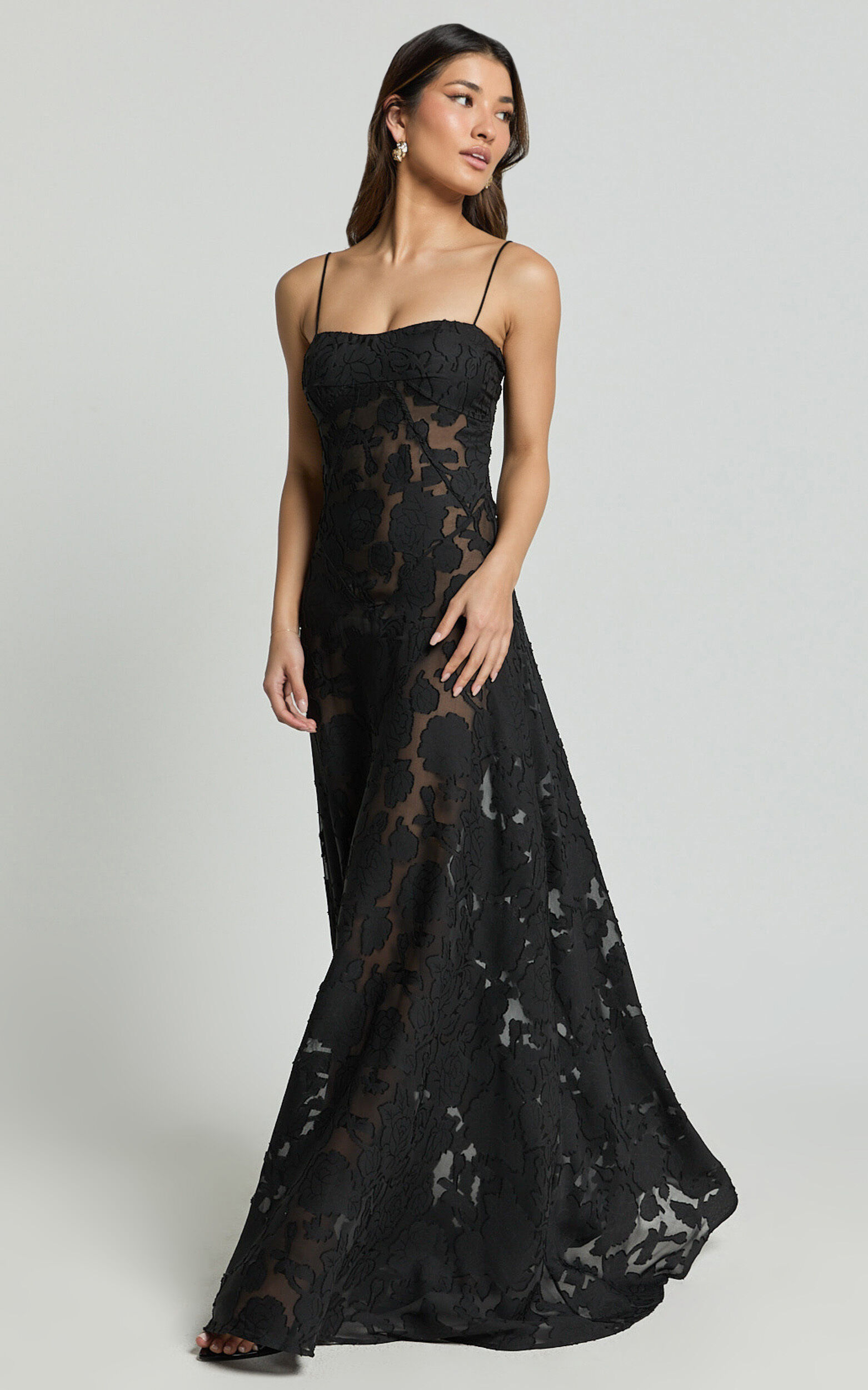 Lily Maxi Dress - Sheer Jacquard Maxi Dress in Black